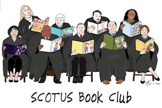 Illustration of Supreme Court justices reading banned children's books